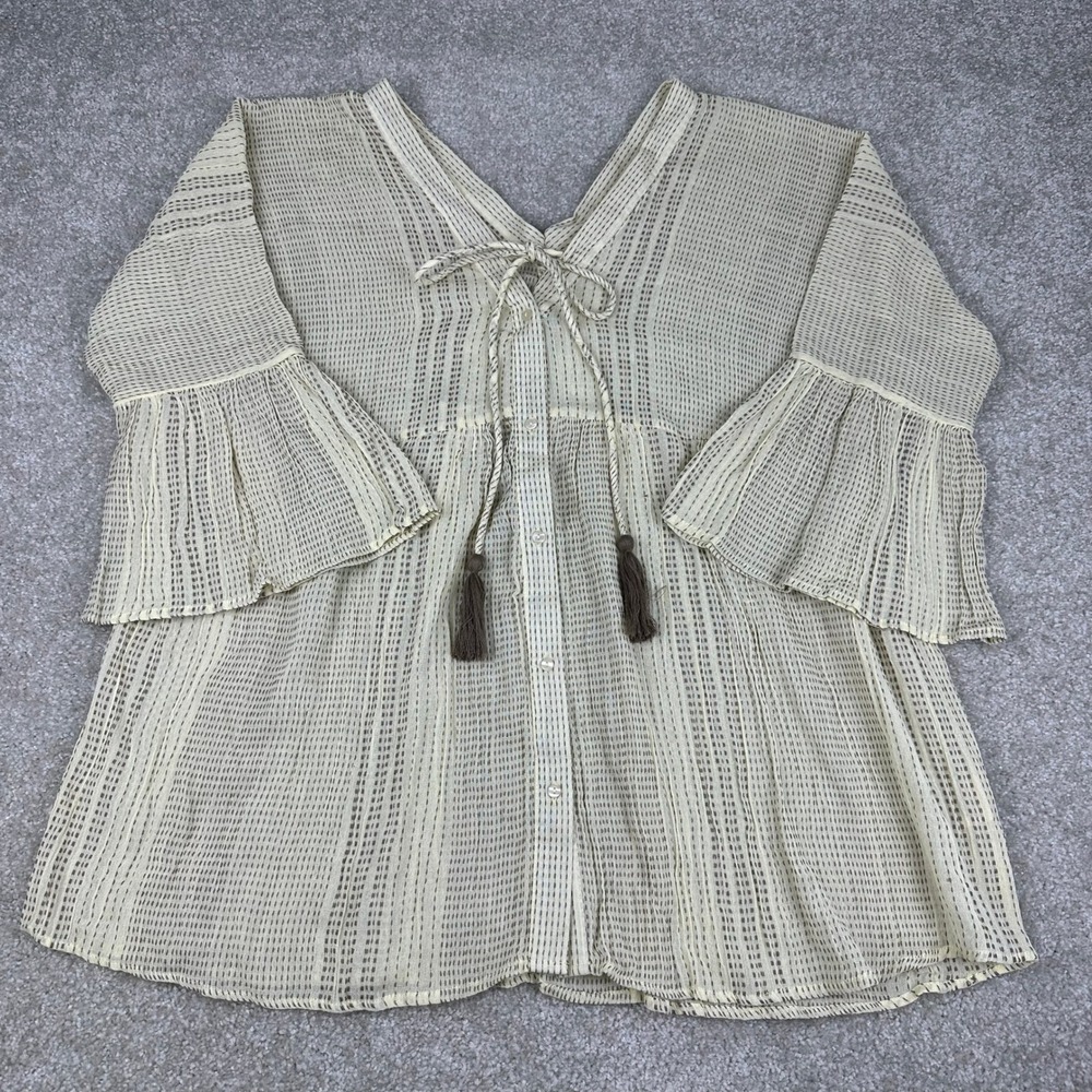 Indigo Thread Co 1X Cotton Boho Peasant Top Cream Tassel Bell Sleeve Blouse